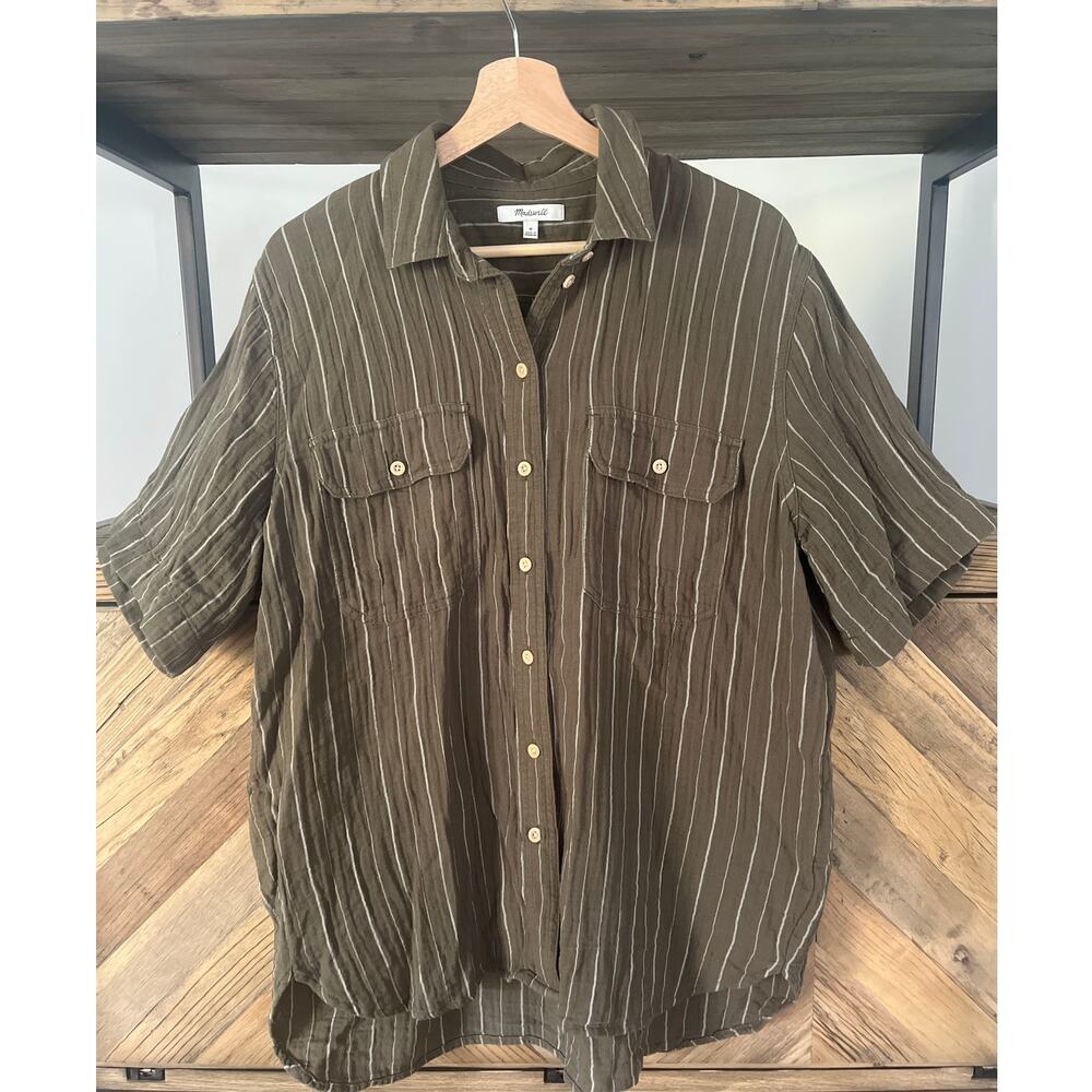 Madewell Cotton Gauze Button Up Slouchy Shirt Olive‎ Green White Stripe Medium
